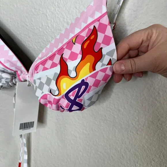 Sprayground Womens Triangle WTF Art Bikini Top Pink Tiger & Flame Print Size L - Picture 4 of 10